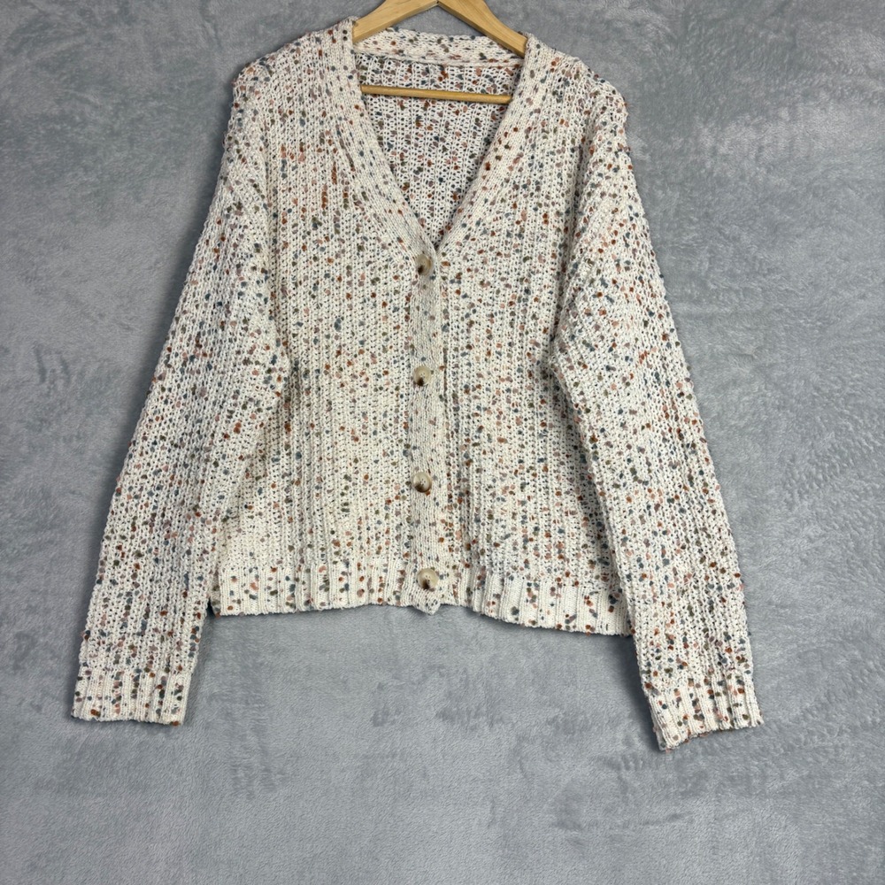 Womens Confetti Speckled Chunky Knit Cardigan Cream Multi Button Front M/L Comfy
